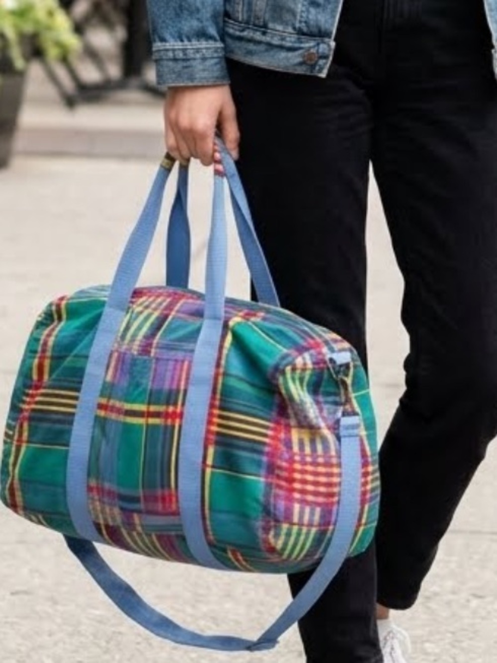 THE NEW ENGLANDER Colorful Plaid Duffel Bag with Light Blue Straps!